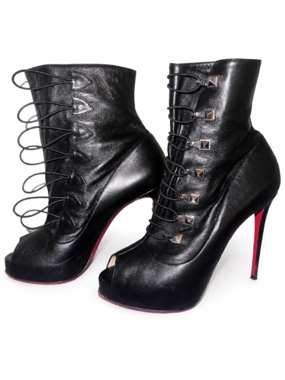 Christian Louboutin Black Peep Toe Lace-Up Ankle Booties Red Bottoms